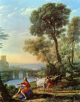 Claude Lorrain, Landscape with Apollo Guarding the Herds of Admetus and Mercury Stealing Them (1645)