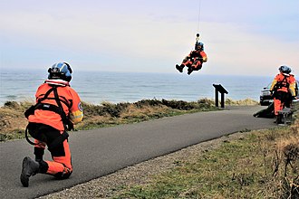 Training exercise at Cape Disappointment State Park, Washington Coast Guard training near North Head Lighthouse.jpg