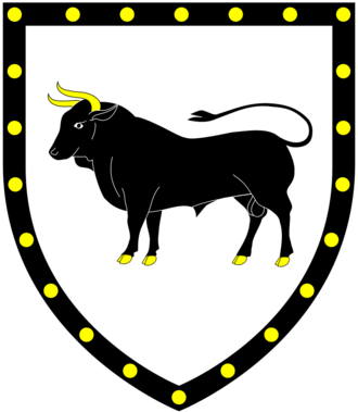 Arms of Cole: Argent, a bull passant sable armed or a bordure of the second bezantee ColeArms.png