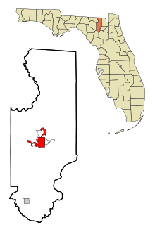 Columbia County Florida Beépített és be nem épített területek Lake City Highlighted.svg