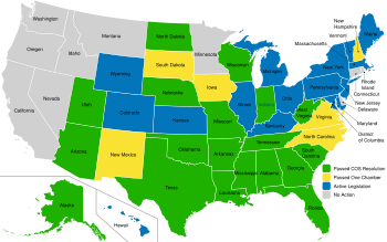 Convention of States map
.mw-parser-output .legend{page-break-inside:avoid;break-inside:avoid-column}.mw-parser-output .legend-color{display:inline-block;min-width:1.25em;height:1.25em;line-height:1.25;margin:1px 0;text-align:center;border:1px solid black;background-color:transparent;color:black}.mw-parser-output .legend-text{}
(19) Passed Convention of States Resolution
(6) Passed One Chamber
(15) Active Legislation
(10) No Action Convention of States map.svg