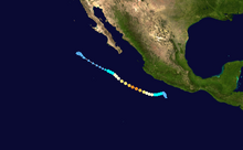 A track map of the path of a hurricane off the Pacific coast of Mexico