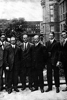 Expedition members. From left to right: Harrison J. Hunt, Maurice C. Tanquary, W. Elmer Ekblaw, Donald B. MacMillan, Fitzhugh Green, and J. L. Allen. Crocker Land Expedition Members.jpg