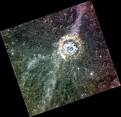 Approximate color image. The bright bands in upper right and lower left are rays from Hokusai crater far to the north. De Graft crater MESSENGER WAC IGF to RGB.jpg