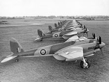 Factory-fresh Mosquito B.XVIs built by Percival: visible serial numbers are PF563, 561, 564, 565 and 562. De Havilland Mosquito IV ExCC.jpg