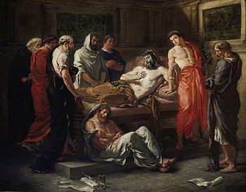 Peinture montrant Marc Aurèle, au centre, très blanc dans son lit de mort entouré de plusieurs personnages, dont Commode.