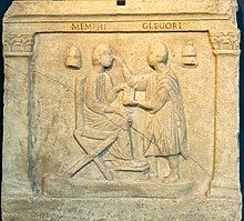 Relief from a sarcophagus depicting an oculist examining a patient (latter 3rd century AD) Depiction of eye examination.jpg