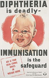 In a postwar poster the Ministry of Health urged British residents to immunize children against diphtheria Diphtheria is Deadly Art.IWMPST14182.jpg