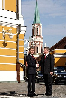 Ivanov with Dmitry Medvedev during his visit to Moscow on May 9, 2010, where he was due to attend the 2010 Moscow Victory Day Parade. Dmitry Medvedev greetings 9 May 2010-6.jpeg