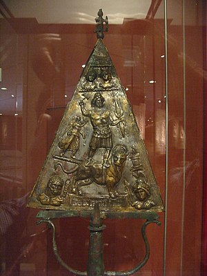 Jupiter Dolichenus bronze plaque from Lussonium (Dunakomlod), Hungary. Hungarian National Museum, Budapest. Dolichenusvotive.jpg