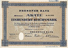 Aktie der Dresdner Bank über 100 Reichsmark, ausgegeben am 3. April 1928 in Dresden, mit Unterschrift des Bankiers Franz Friedrich Andreae als Aufsichtsratsvorsitzender. Für den Vorstand trägt die Aktie die Unterschriften von Henry Nathan und Herbert Max Magnus Gutmann. Es war die letzte Aktienemission der Dresdner Bank vor der Fusion mit der DANAT-Bank.