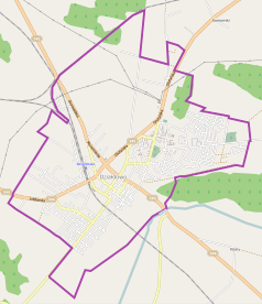 Mapa konturowa Działdowa, blisko centrum na lewo znajduje się punkt z opisem „Działdowo”