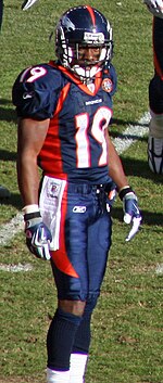 The versatile Eddie Royal played four seasons for the Broncos. Royal is pictured at a game in December 2009. Eddie Royal Broncos.JPG