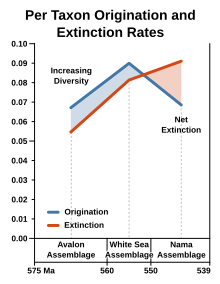 During the Nama assemblage, extinction rates outpaced origination, leading to a decline in biodiversity. EdiacaranAssemblagesExtinction.svg