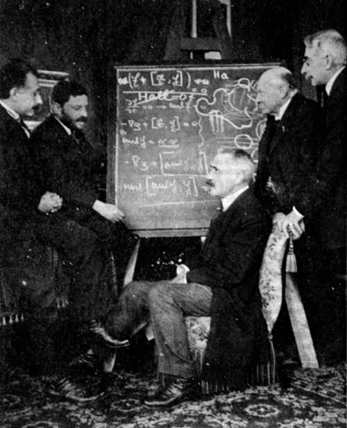 Albert Einstein, Paul Ehrenfest, Paul Langevin, Heike Kamerlingh Onnes, and Pierre Weiss at Ehrenfest's home in Leiden in the Netherlands