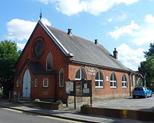 This Baptist chapel was built in Epsom town centre in 1909. Epsom Baptist Church, Church Road, Epsom (from NW).JPG