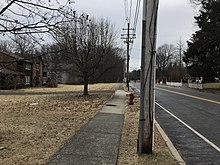 An eruv boundary, Airmont, New York. Note the white plastic lechi at right of nearest pole. Eruv segment.jpg