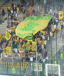 Les supporters en déplacement à Geoffroy Guichard en avril 2007. On reconnaît des banderoles « Brigade Loire » et « Magic Canaris » (MC).