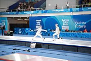 Deutsch: Fechten bei den Olympischen Jugend-Sommerspielen 2018: Tag 1, 7. Oktober 2018, Jungen, Säbel, Kampf um Bronze - Mazen Elaraby (EGY) - Robert Vidovszky (USA) 15:10 English: Fencing at the 2018 Summer Youth Olympics at 7 October 2018 – Boys' sabre Bronze medal match – Mazen Elaraby (EGY) Vs Robert Vidovszky (USA) 15:10