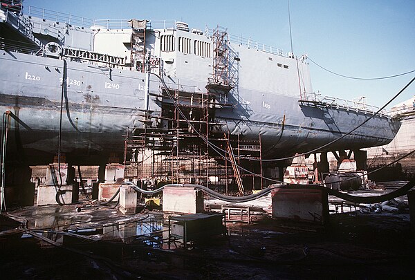 Samuel B. Roberts in a dry dock in Dubai, UAE for temporary repairs.