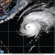 A satellite animation of Hurricane Fiona passing between Bermuda and the East Coast of the United States on the morning of September 23, 2022.