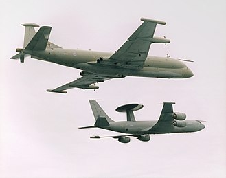 Nimrod R1 alongside a Sentry AEW1 - in 1995, the Nimrods were transferred to RAF Waddington alongside the RAF's Sentry fleet Formation of No 51 Squadron Nimrod R1 and Sentry AEW1 of No 8-23 Squadron.10-04-2000 MOD 45137400.jpg