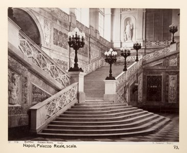 The staircase after the remodelling by Genovese and Gavaudan, with the balustrade with several torches.