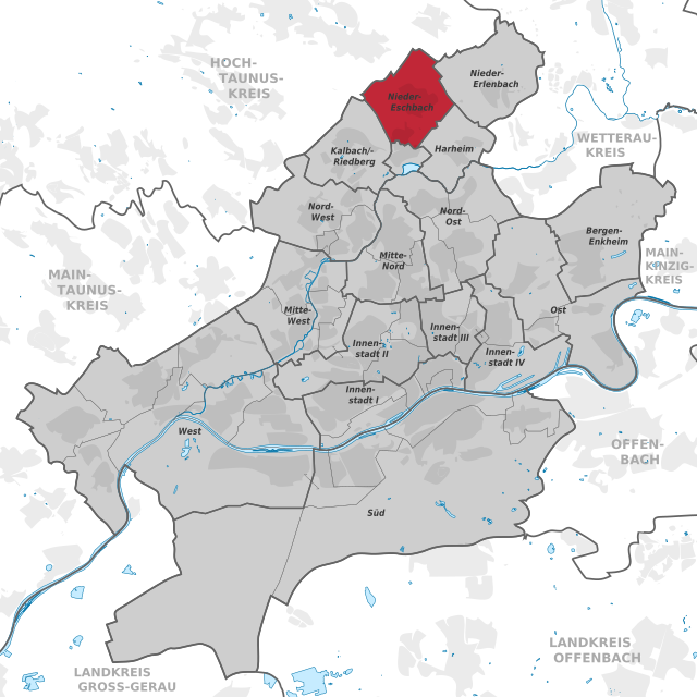 Carte situant l'arrondissement (en rouge) au sein du reste de la ville (en gris)