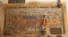Gotická freska přepadení Jihlavy roku 1402 v kostele Nanebevzetí Panny Marie