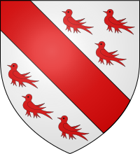Coat of arms of Thomas de Furnivall, Argent, a bend between six martlets 3 and 3 gules. Furnivall arms.svg