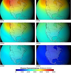 A 2 by 3 set of images of North America, showing colored reprentation of lowering ozone over time, first high in the higher lattitudes and then eventually lower everywhere