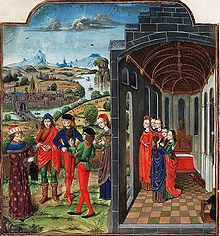 Boccaccio and others fleeing the plague; illumination of a French edition of the Decamerone (c. 1485) (Source: Wikimedia)