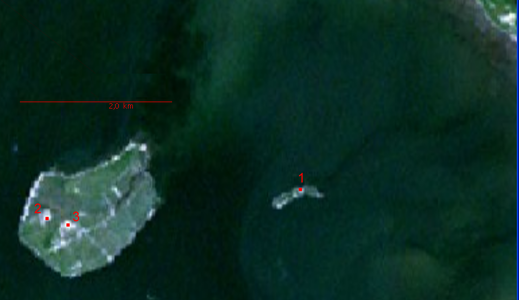 Satellitenbild der Halligen Gröde (links) und Habel (rechts) mit Lage der Norderwarft (1)