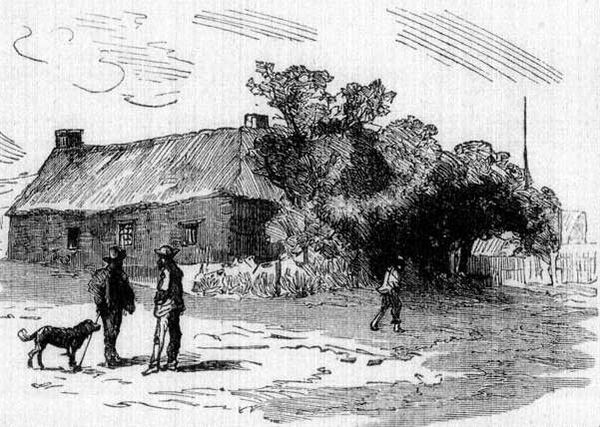 An 1820 drawing of a street scene in Griquatown, Griqualand West.