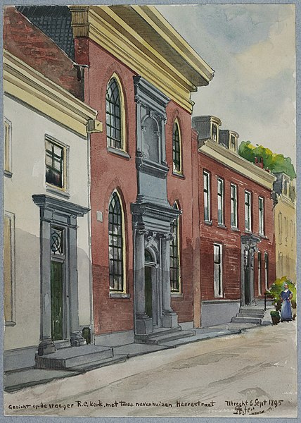 File:HUA-31662-Gezicht op de voorgevel van de voormalige rooms katholieke schuilkerk Herenstraat 36 te Utrecht en de gevels van de aangenzende huizen.jpg