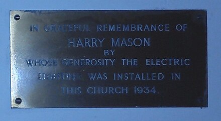 A tablet at St John the Baptist Church, Hagley commemorates the installation of electric light in 1934.