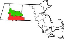 A map of the U.S. state of Massachusetts highlighting two of its counties in the Pioneer Valley; Hampshire County appears in green, Hampden County in red, with the Tofu Curtain tracing the line between them. Hampshire and Hamden Counties.jpg