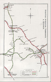 1912 map showing the railways around Nuneaton, and the location of the station. Hampton, Nuneaton, Tamworth & Wichnor RJD 76.jpg