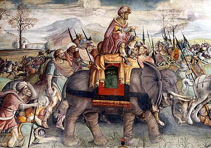 Un fresc del 1510 al Palau Capitalí de Roma que il·lustra Anníbal creuant els Alps al costat de l'elefant cartaginès