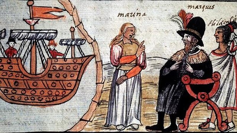 File:Hernán Cortés and La Malinche 1576 Durán Codex.jpg