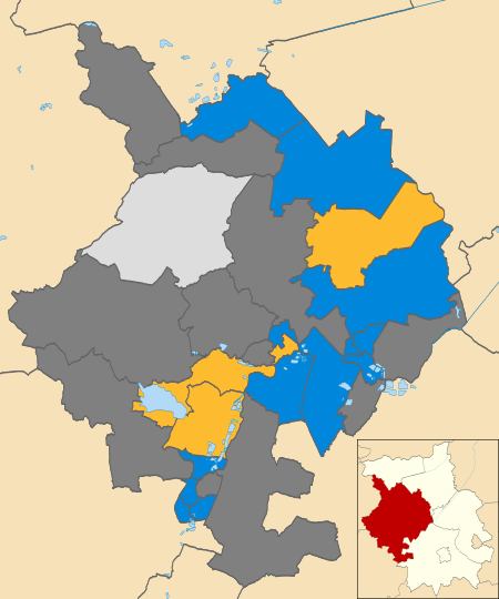 Map of the results of the 2008 Huntingdonshire District Council election. Conservatives in blue, Liberal Democrats in yellow and independents in light grey. Wards in dark grey were not contested in 2008. Huntingdonshire UK local election 2008 map.svg