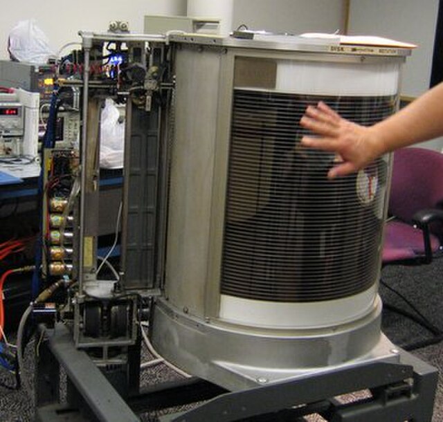 A partially disassembled IBM 350 hard disk drive (RAMAC)