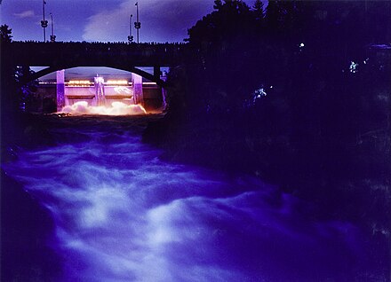 Imatra rapids and power plant lit up by night