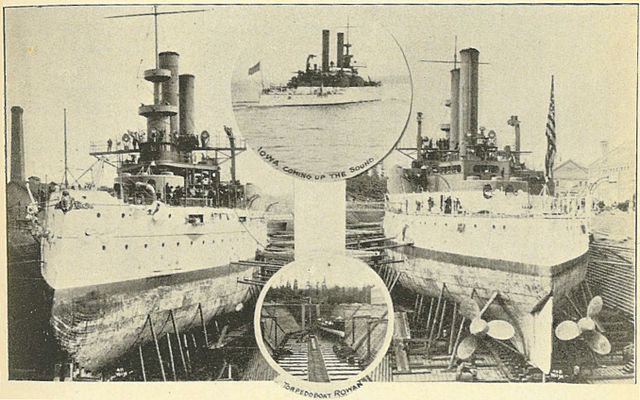 "In the Navy Yard of Puget Sound", in Seattle and the Orient (1900). Two ships are shown in drydock; the two circular insets are titled "Iowa coming u