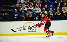 MacDonald representing the Binghamton Devils at the 2018 All-Star Game. Jacob MacDonald (39927239382).jpg