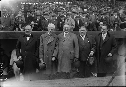 From left, Jacob Ruppert, Kenesaw Mountain Landis, Tillinghast L'Hommedieu Huston, Frazee, and Edward J. Flynn at Yankee Stadium in 1923