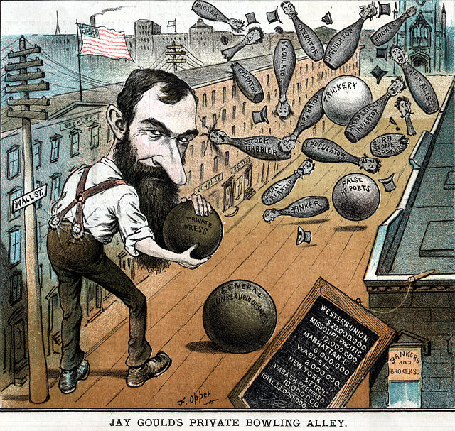 1882 cartoon depicting Wall Street as "Jay Gould's Private Bowling Alley"