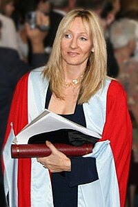 J.K. Rowling, a blond, blue-eyed woman, who is the author of the series.