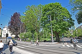 Josefines park sett fra gatekrysset Hegdehaugsveien (venstre) og Josefines gate (høyre). Foto: Helge Høifødt