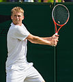 Joshua Milton competing in the second round of the 2015 Wimbledon Qualifying Tournament at the Bank of England Sports Grounds in Roehampton, England. The winners of three rounds of competition qualify for the main draw of Wimbledon the following week.